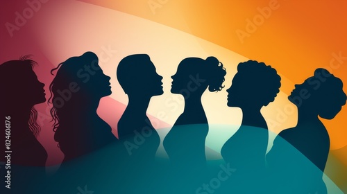 Communication group of multiethnic diversity women and girls face silhouette profile. Female social network community of diverse culture. Talk and share information. Friendship. Speak