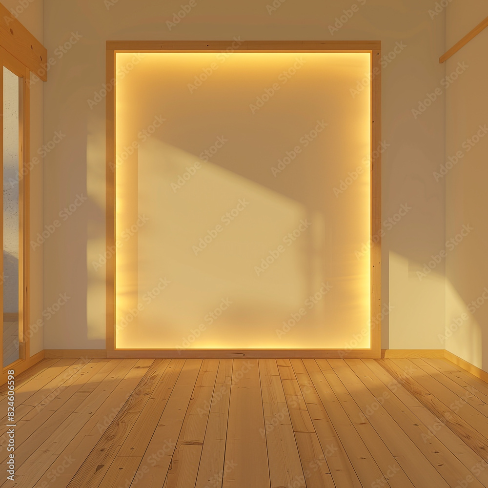 Minimalist room with a wooden floor and a wooden frame featuring a pale yellow light border. Minimalist room with a wooden floor and a wooden frame featuring a pale yellow light border.
