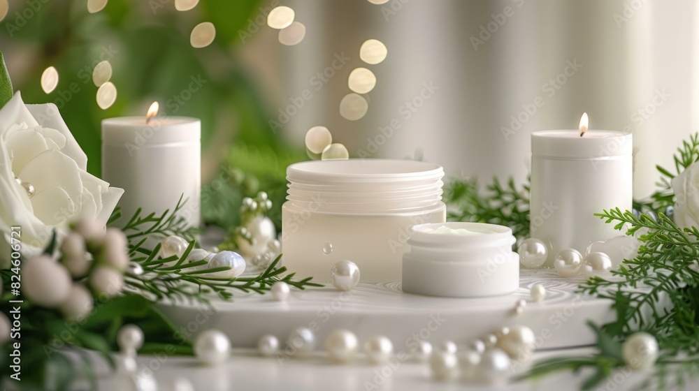 Luxury Skincare Product with White Flowers and Candles Luxury Skincare Product with White Flowers and Candles