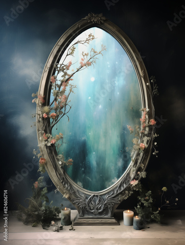 there is a mirror with a picture of a tree and flowers
