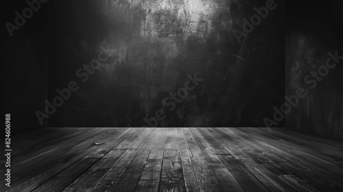 Spotlight on grunge wall and wooden floor.