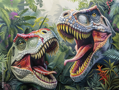 there are two dinosaurs that are in the jungle with their mouths open