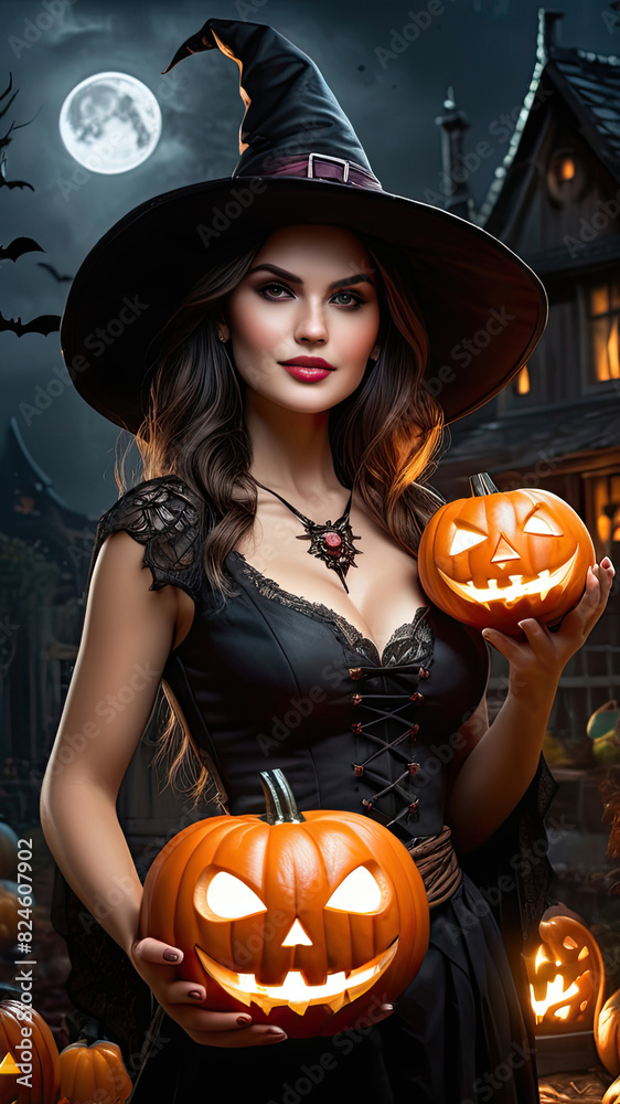 Halloween jack o lanterns and witch on various creepy background Halloween jack o lanterns and witch on various creepy background