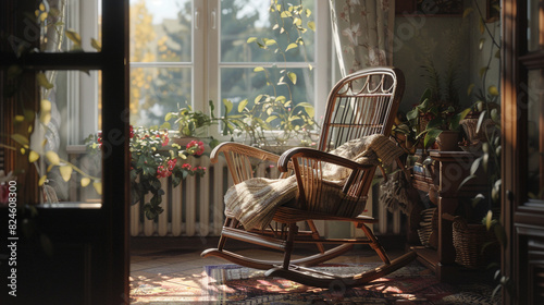 Wicker rocking chair by a bay window  perfect for afternoon reading. 