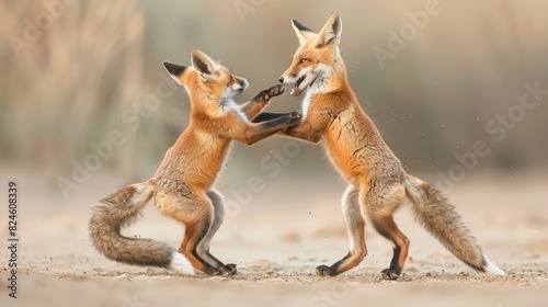 Two immature red foxes playing a fighting game photo