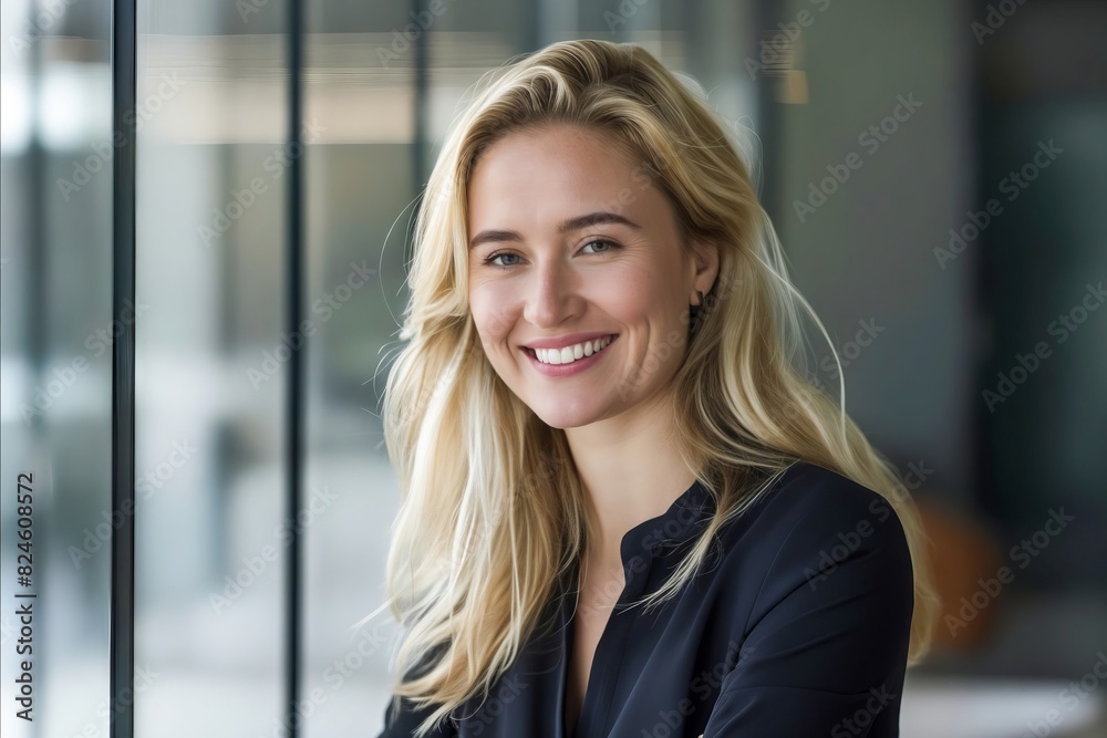 A smiling blonde woman in black shirt and black pants. A smiling blonde woman in black shirt and black pants.