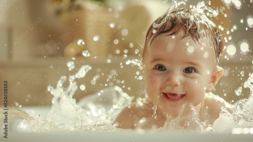 A baby laughing and splashing in a bathtub filled with bubbles. Ai generated A baby laughing and splashing in a bathtub filled with bubbles. Ai generated