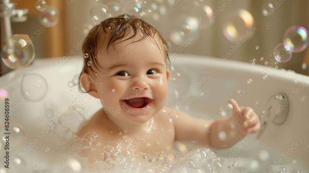 A baby laughing and splashing in a bathtub filled with bubbles. Ai generated A baby laughing and splashing in a bathtub filled with bubbles. Ai generated