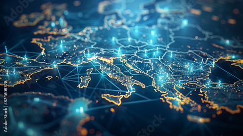 Digital map of Europe with glowing connections between cities, symbolizing global connectivity and digital transformation. The deep blue background conveys depth and wisdom. A closeup view highlights 