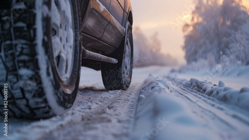 A close-up shot of an SUV's winter tires gripping the snowy road, emphasizing safety and stability. Ai generated © Kiron