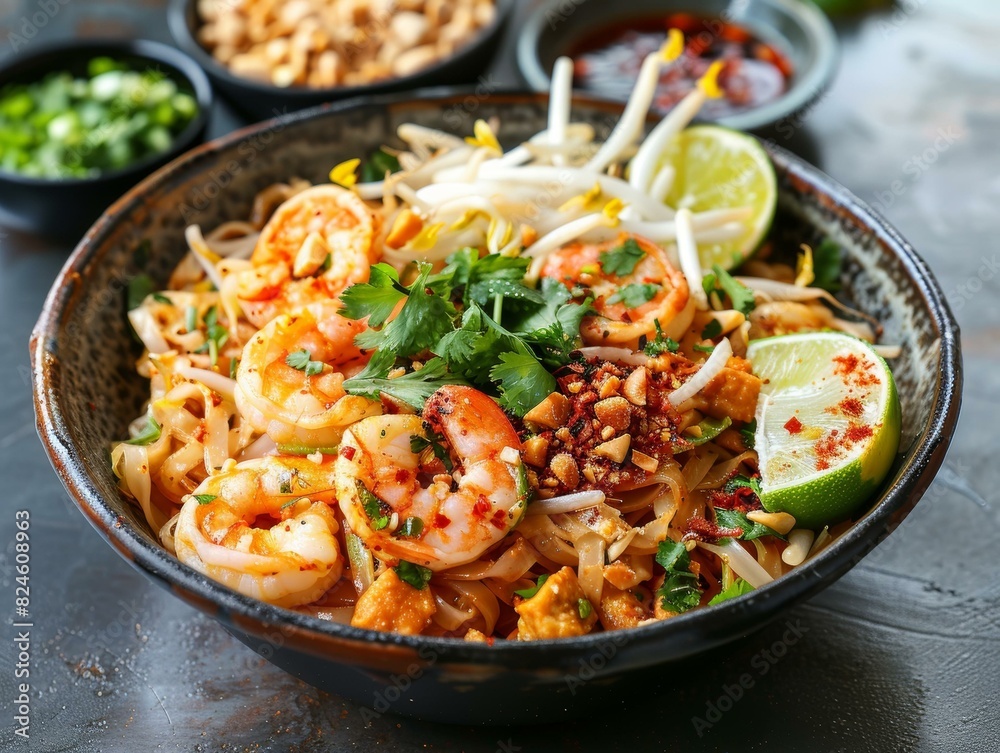 Delicious Pad Thai Noodles With Shrimp, Bean Sprouts, Peanuts and Lime Delicious Pad Thai Noodles With Shrimp, Bean Sprouts, Peanuts and Lime