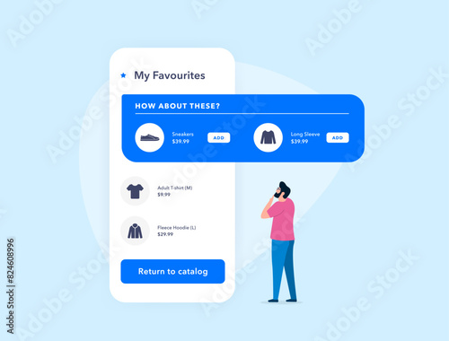 Personalized Favorite items. Customize e-commerce favourite wish list tab with e-commerce extensions, add recommendation based on user behavioral patterns. Isolated vector illustration with icons