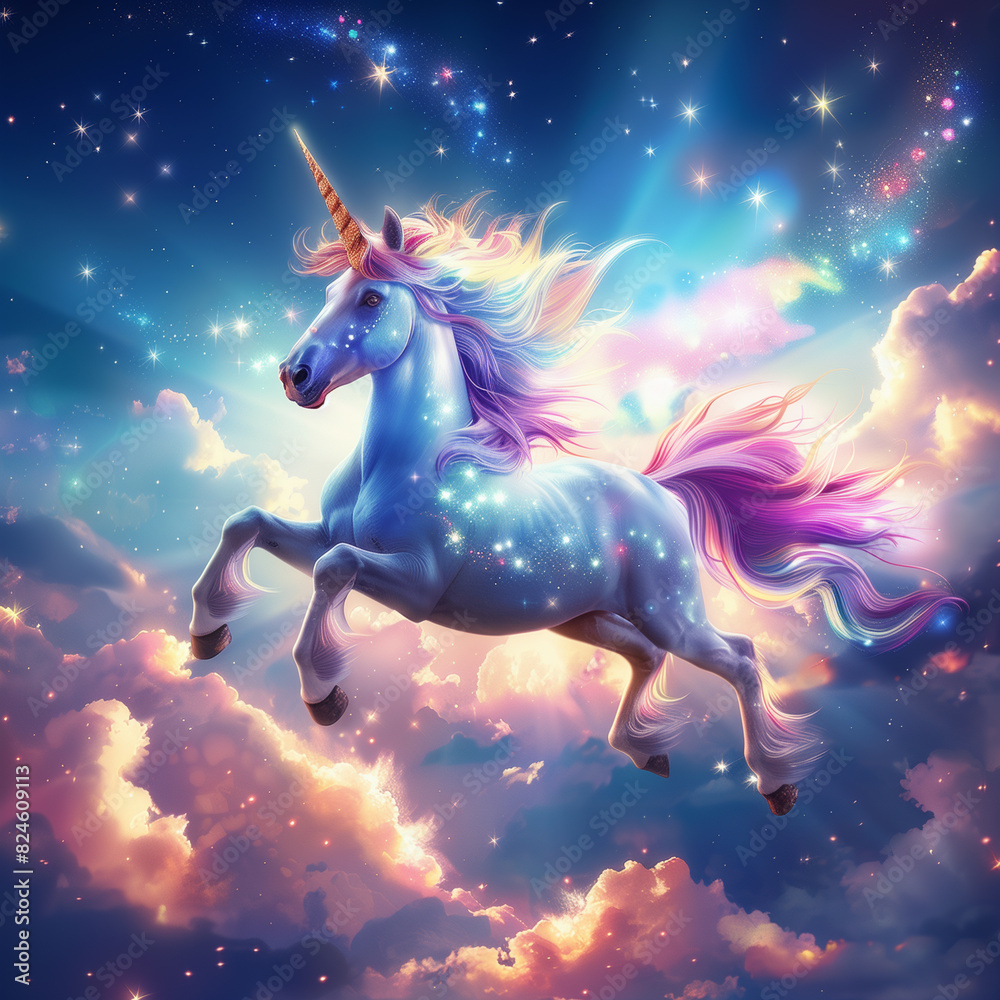 unicorn flying through the sky with a rainbow mane