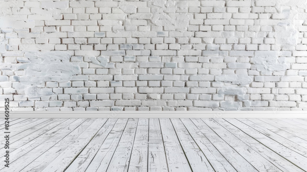 Whitewashed brick wall texture with wooden floor,white brick wall and floor