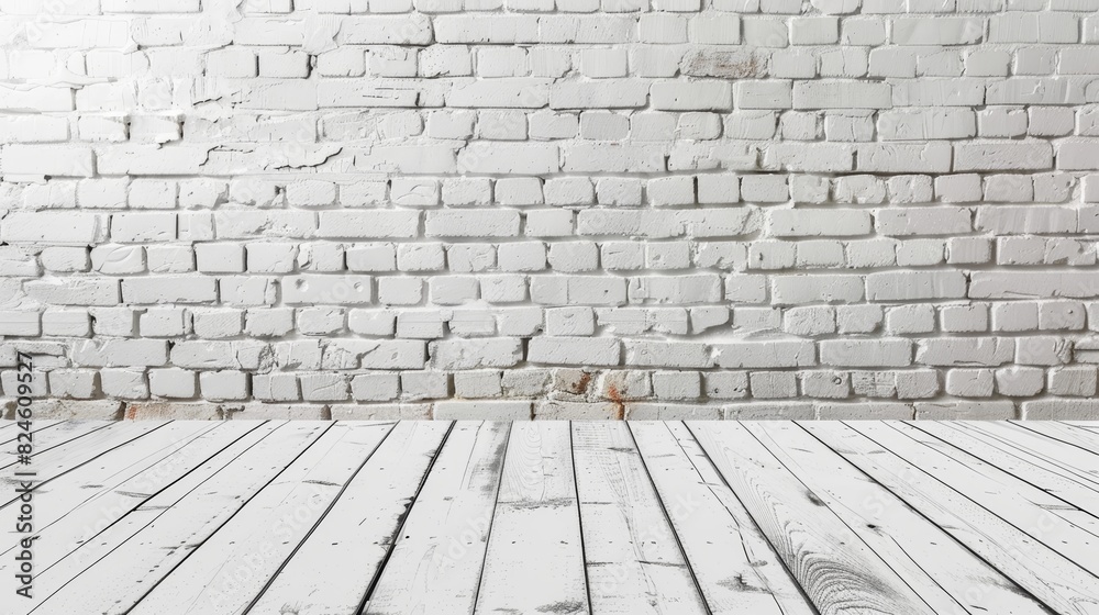 Whitewashed brick wall texture with wooden floor. Whitewashed brick wall texture with wooden floor.