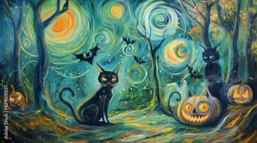 painting of a black cat and two pumpkins in a forest