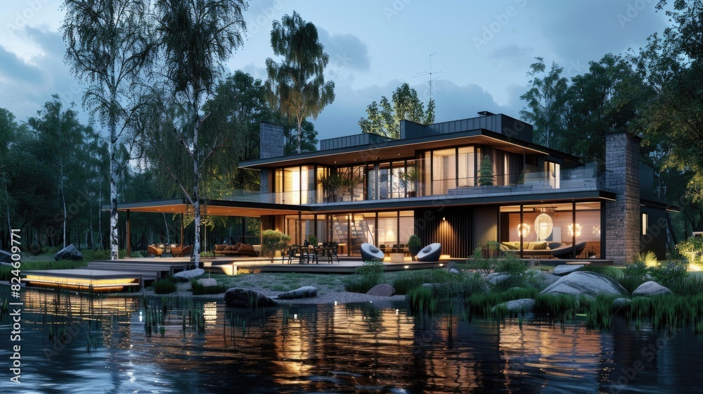 Modern Architecture: Beautiful Contemporary House by the Blue River at Evening Modern Architecture: Beautiful Contemporary House by the Blue River at Evening