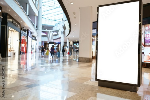 A vertical advertising billboard with an empty digital screen in a shopping center. This blank white poster lightbox, positioned in a mall walkway, is perfect for advertising and public info display