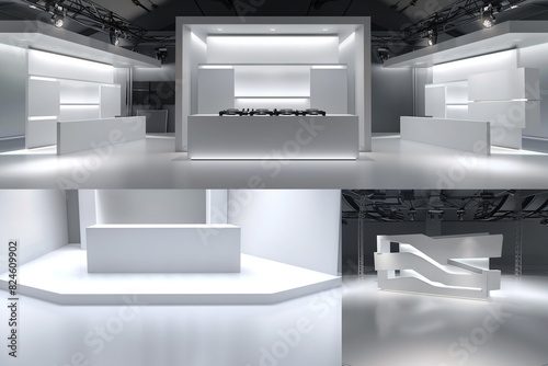 Blank, modern 3D rendered DJ booth in multiple perspectives. Ultra realistic mockup. photo