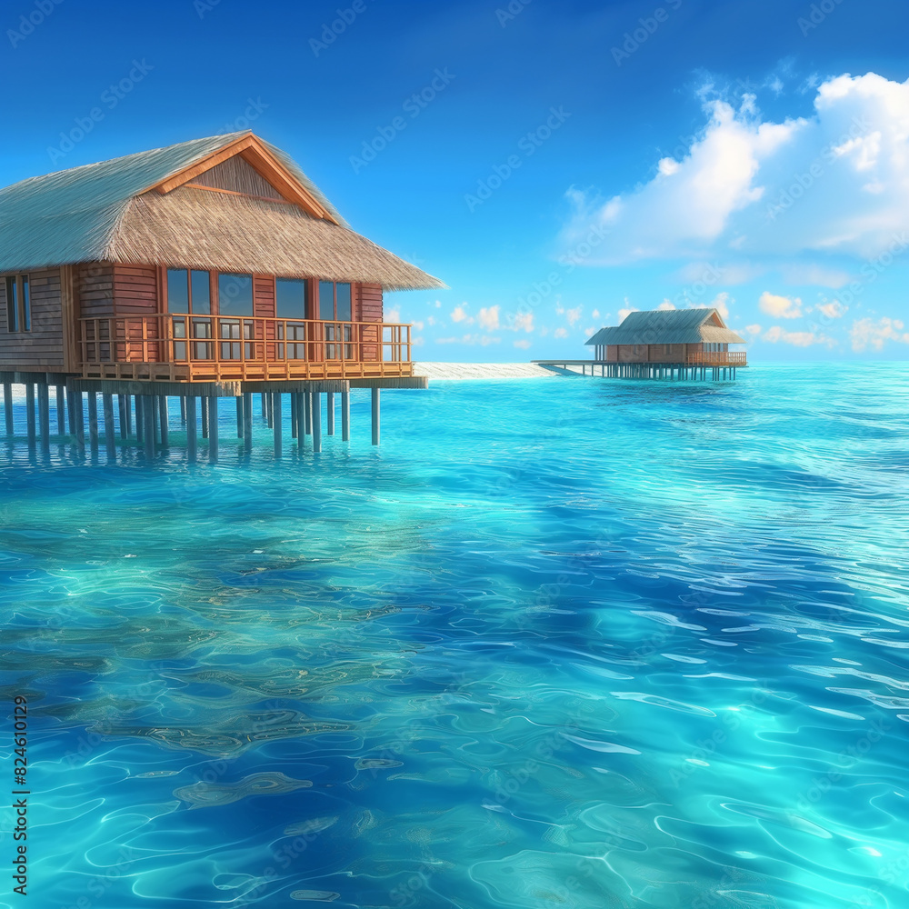 there is a house on stilts in the middle of the ocean