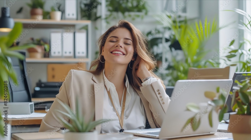 Obraz premium A smiling woman in an office with plants.