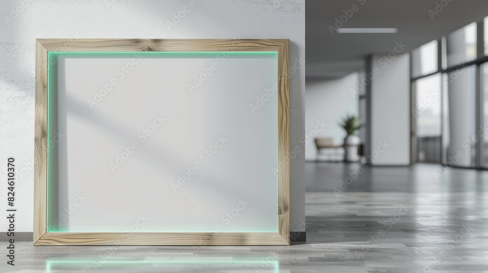 Wooden frame mockup with a mint green light border in a modern, empty room. Wooden frame mockup with a mint green light border in a modern, empty room.
