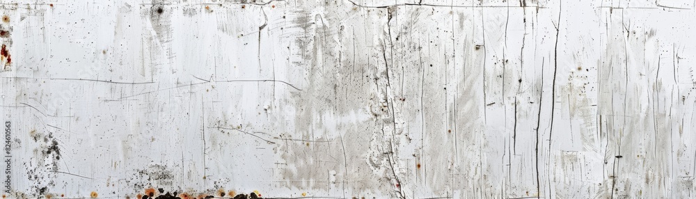 The image shows a white painted wooden fence with cracks and peeling paint. The image shows a white painted wooden fence with cracks and peeling paint.