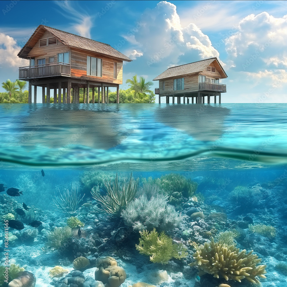 there are two houses on stilts above the water and below the ocean