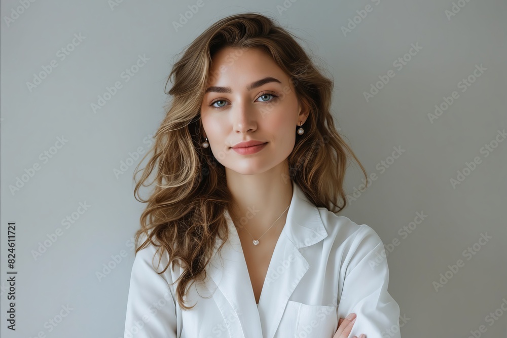 Beautiful woman in white coat posing with arms crossed. Beautiful woman in white coat posing with arms crossed.