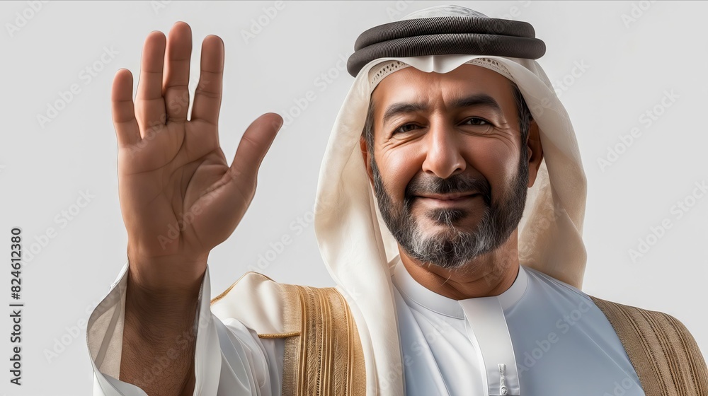 A man in traditional clothing waving his hand. A man in traditional clothing waving his hand.