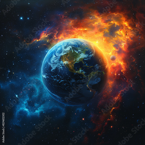 arafed view of the earth in space with a bright orange nebula
