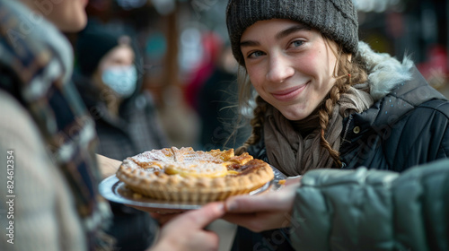 A woman is holding a pie and smiling
