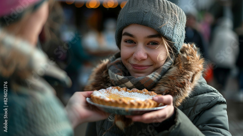 A woman is holding a pie and smiling