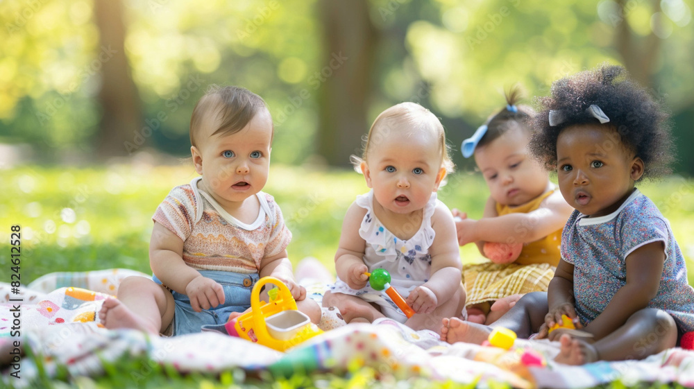 Cheerful baby toddler kids from diverse ethnicities sitting on the floor in a classroom, playing with building blocks and sharing laughs. Ai generated