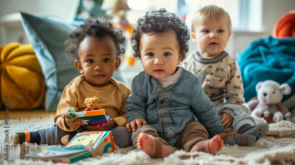 Cheerful baby toddler kids from diverse ethnicities sitting on the floor in a classroom, playing with building blocks and sharing laughs. Ai generated Cheerful baby toddler kids from diverse ethnicities sitting on the floor in a classroom, playing with building blocks and sharing laughs. Ai generated