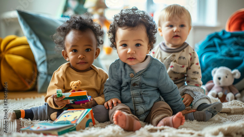Cheerful baby toddler kids from diverse ethnicities sitting on the floor in a classroom, playing with building blocks and sharing laughs. Ai generated