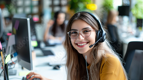 Cheerful young woman at work as a call center operator, headset and microphone in place, bright smile. Ai generated