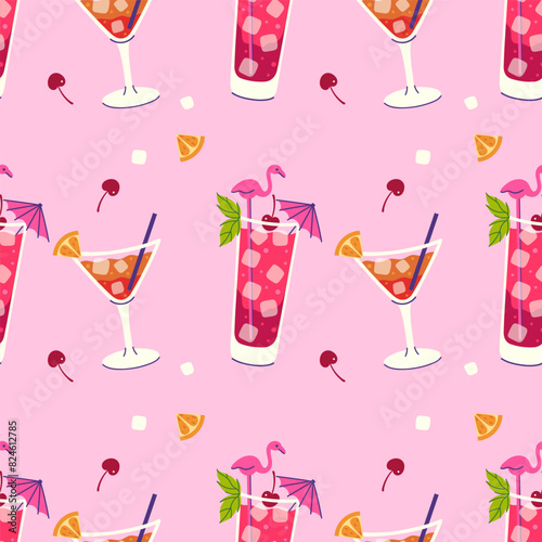 Seamless pattern with summer refreshments on a pink background. Vector graphics.