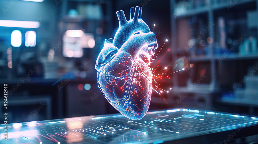 Three-dimensional heart hologram in blue and red hovering over a shiny white table in a laboratory, modern science Three-dimensional heart hologram in blue and red hovering over a shiny white table in a laboratory, modern science