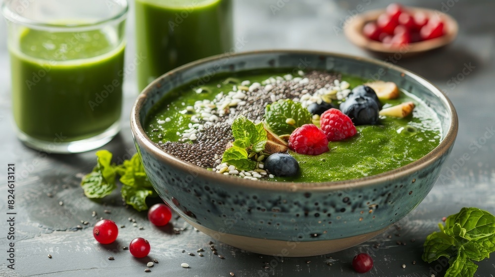 Green smoothie bowl with toppings like chia seeds and berries, with a glass of green juice beside it Green smoothie bowl with toppings like chia seeds and berries, with a glass of green juice beside it