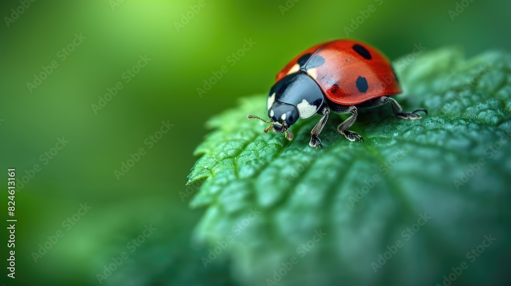 Macro Photography of Ladybug Crawling on Vibrant Green Leaf with Textured Details Macro Photography of Ladybug Crawling on Vibrant Green Leaf with Textured Details