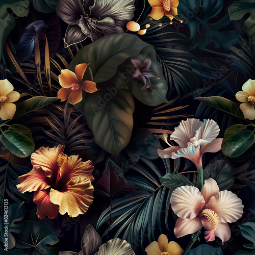 there are many different flowers and leaves on this wallpaper