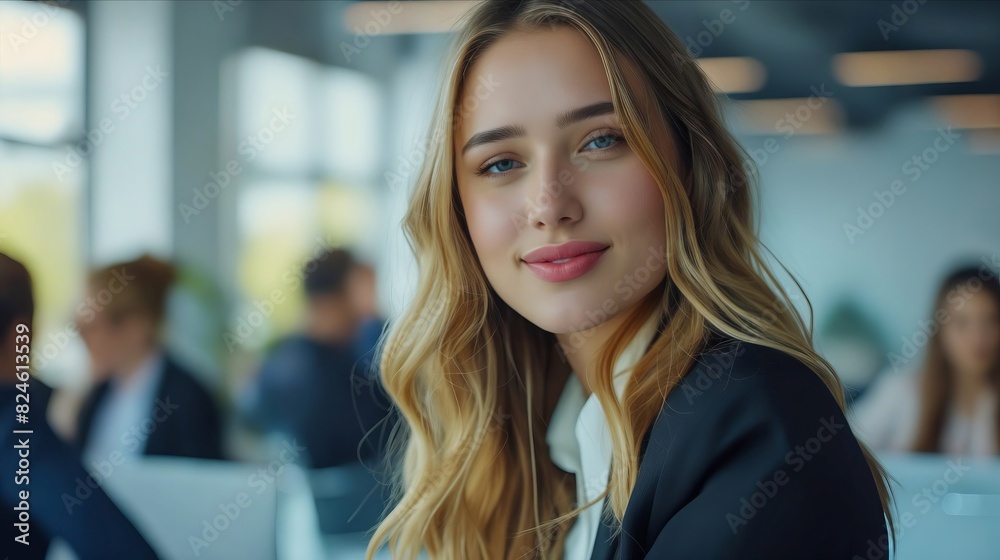 A beautiful woman in a business suit is looking at the camera. A beautiful woman in a business suit is looking at the camera.