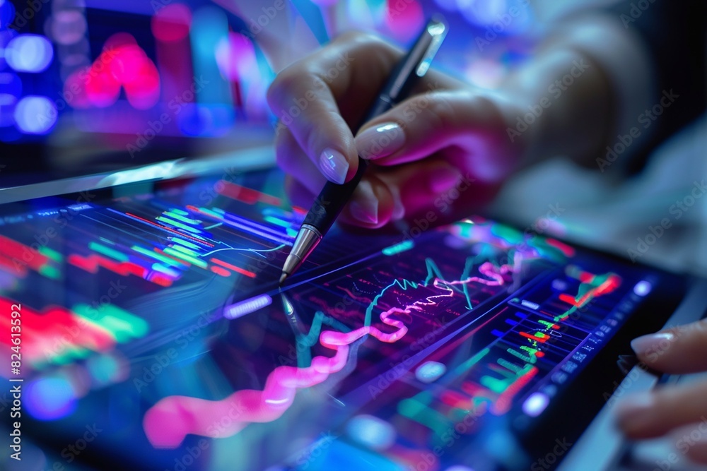 High-detail photo of a businesswoman's hand holding a pen and analyzing a data graph on a digital tablet, with the screen displaying intricate charts High-detail photo of a businesswoman's hand holding a pen and analyzing a data graph on a digital tablet, with the screen displaying intricate charts