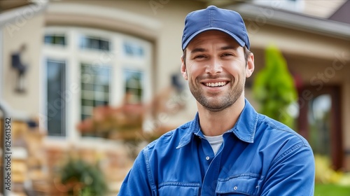 A smiling man in blue shirt and cap standing outside a house.