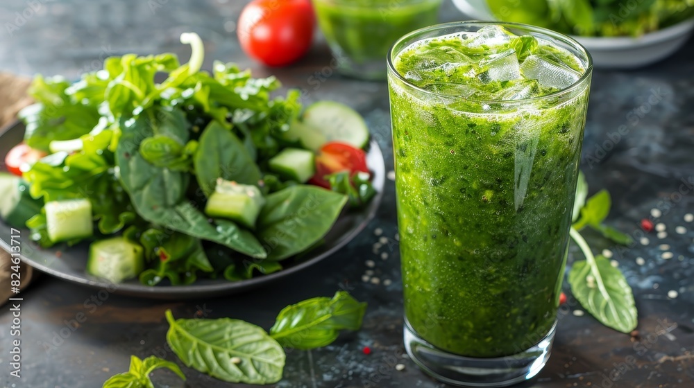 Green juice in a tall glass with ice cubes, mint leaves, and a plate of fresh salad Green juice in a tall glass with ice cubes, mint leaves, and a plate of fresh salad