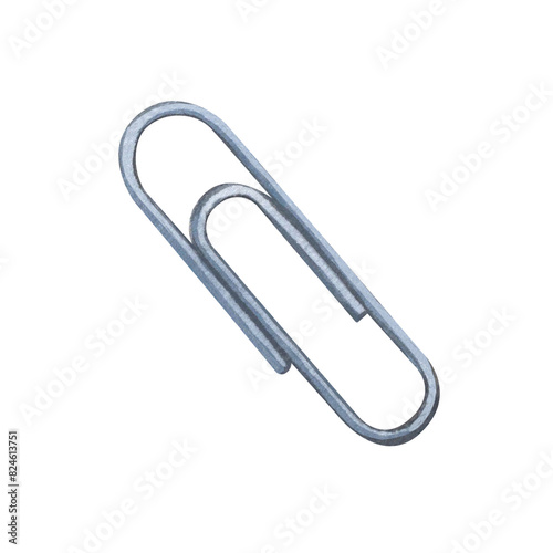 Metal paper clip. A stationery item for fastening paper. Watercolor illustration on isolated white background