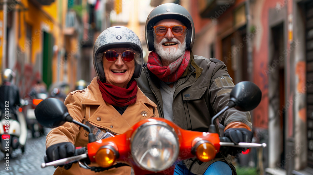Happy seniors on a vintage scooter in the countryside of Tuscany, Italy, enjoying their holiday. Ai generated
