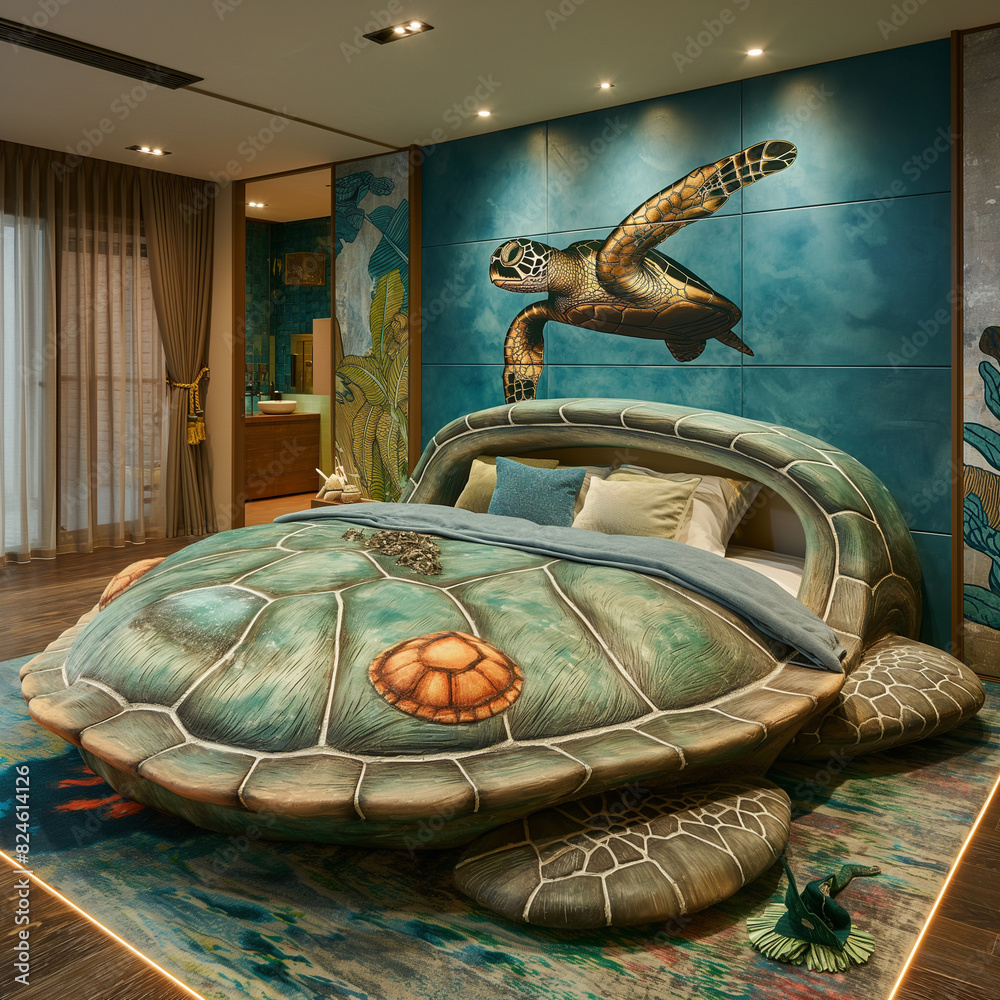 there is a bed with a turtle on it in a room