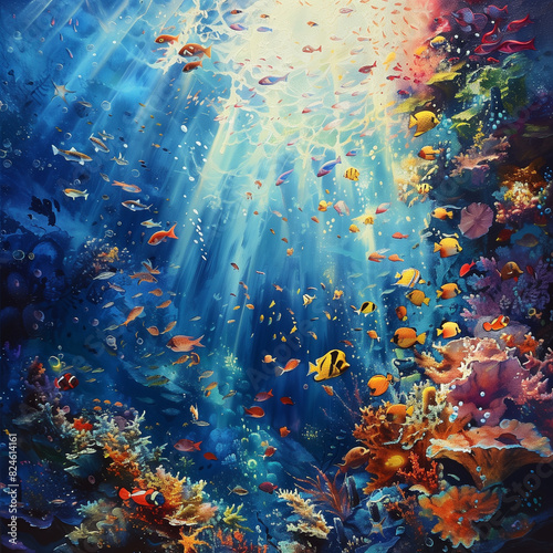 painting of a colorful underwater scene with fish and corals © Spirited
